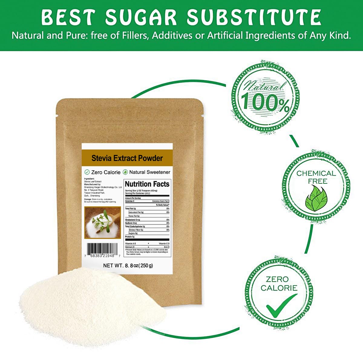 CCnature Stevia powder dissolving smoothly in hot coffee for zero-calorie sweetness.