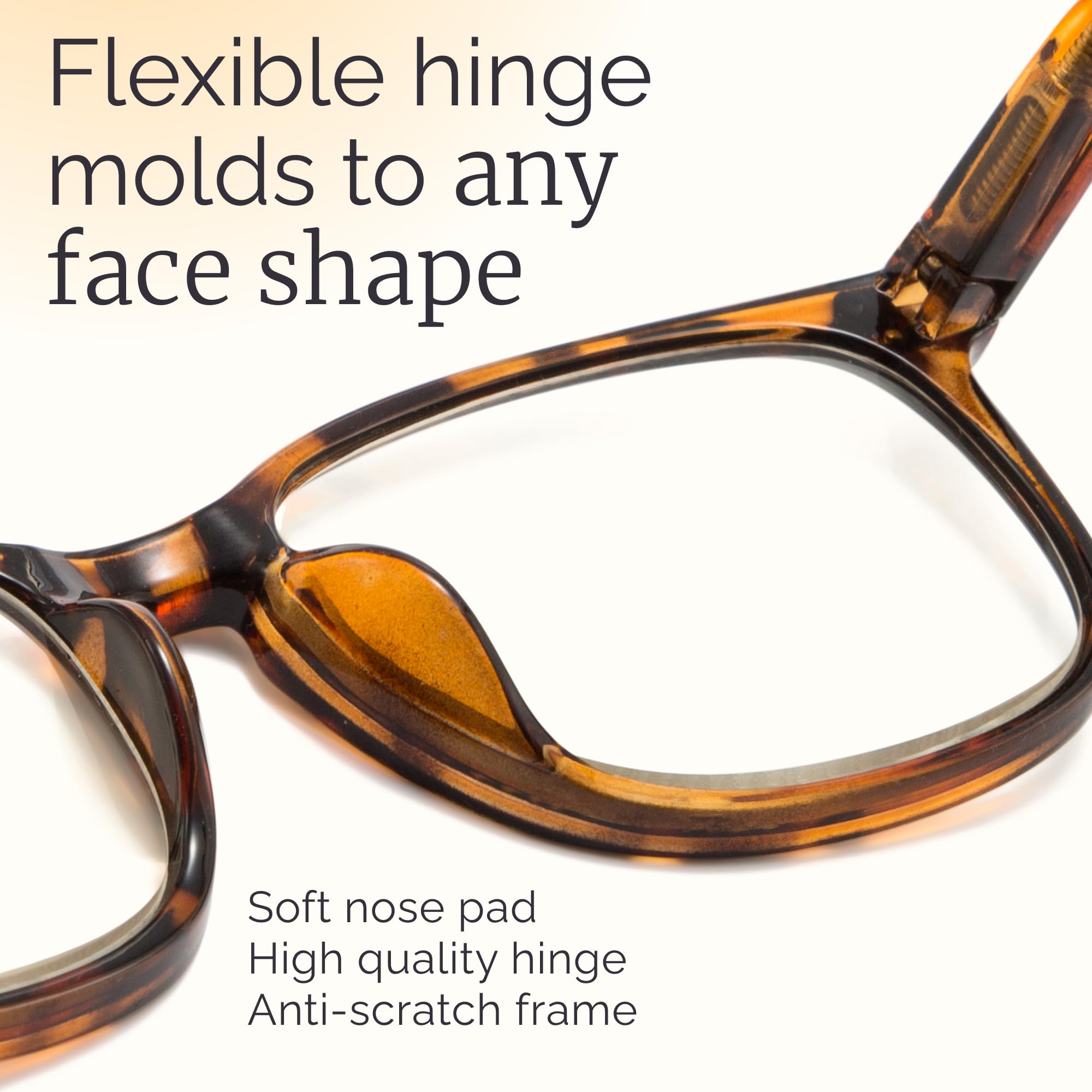 CCVOO cheaters closeup showing spring hinges for comfortable wear