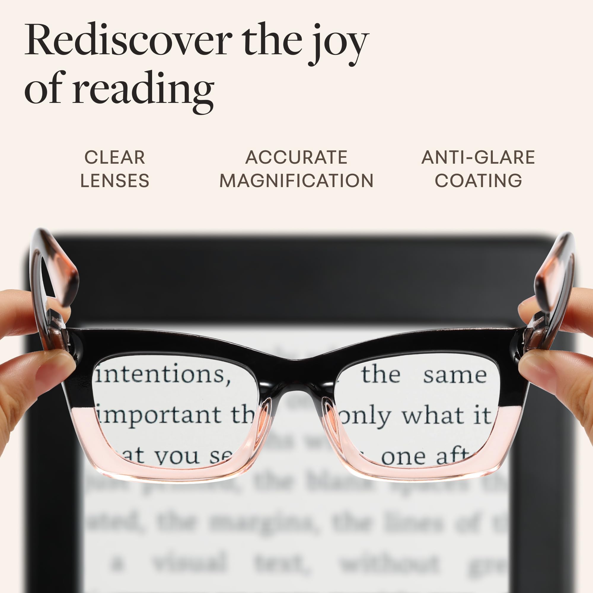 CCVOO +1.5 Oprah style glasses at a computer desk for easier screen reading