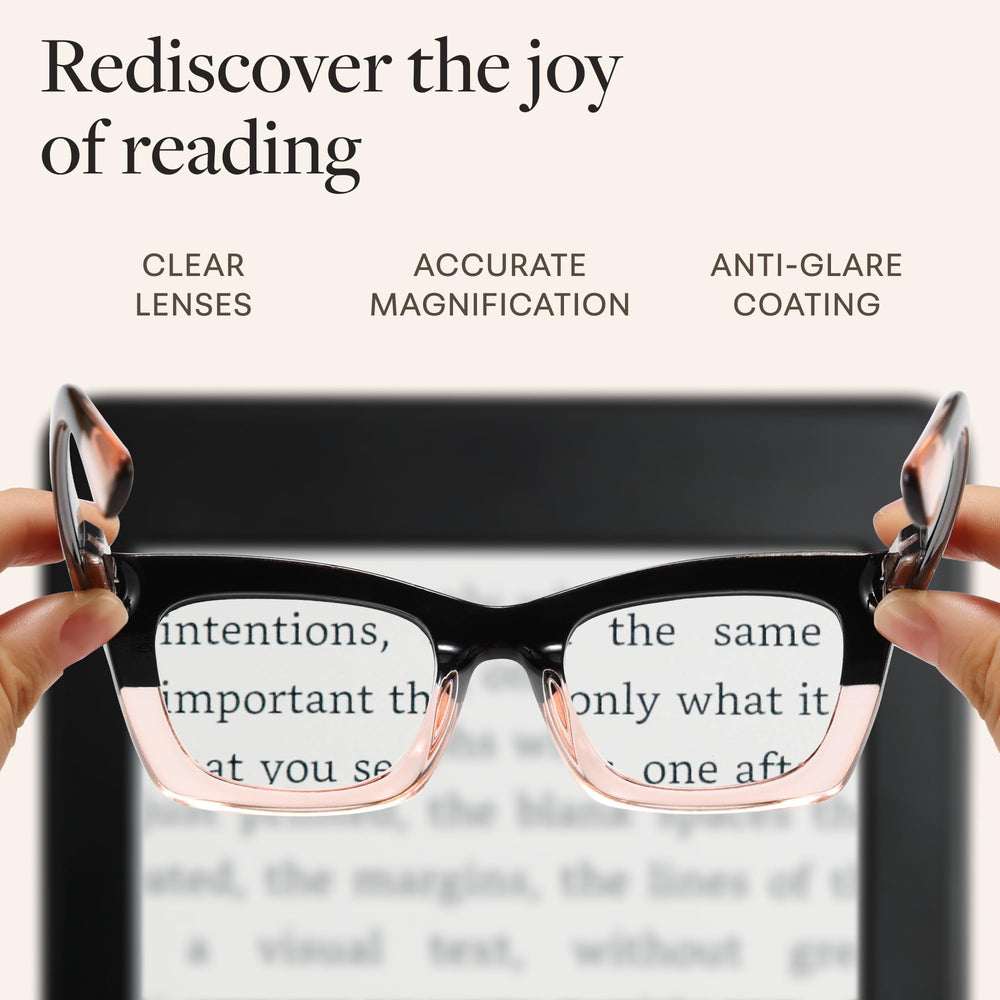 CCVOO +1.5 Oprah style glasses at a computer desk for easier screen reading
