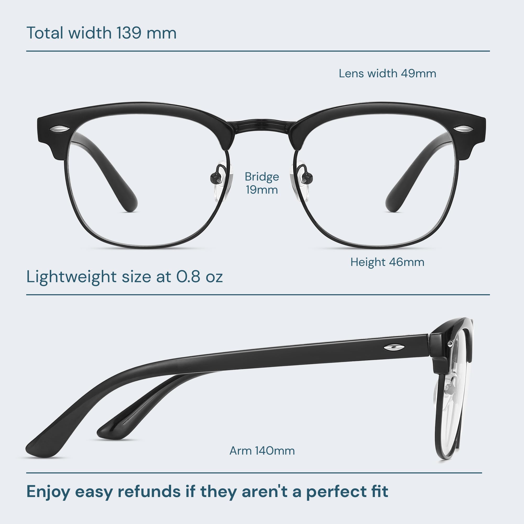 CCVOO retro semi-rimless round eyewear for everyday viewing