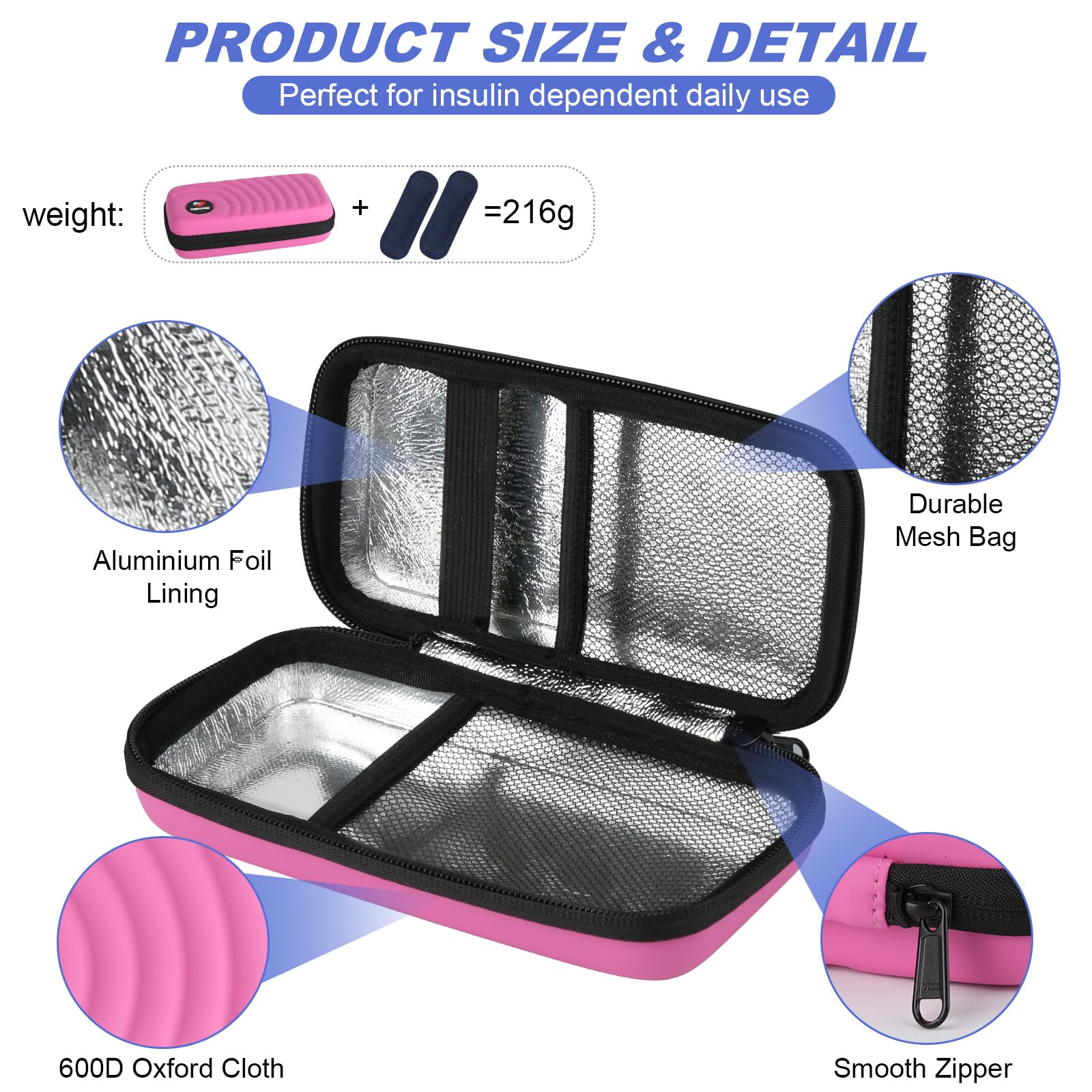 CDBXPRG estuche rosa con cremallera resistente y material aislante de insulina.