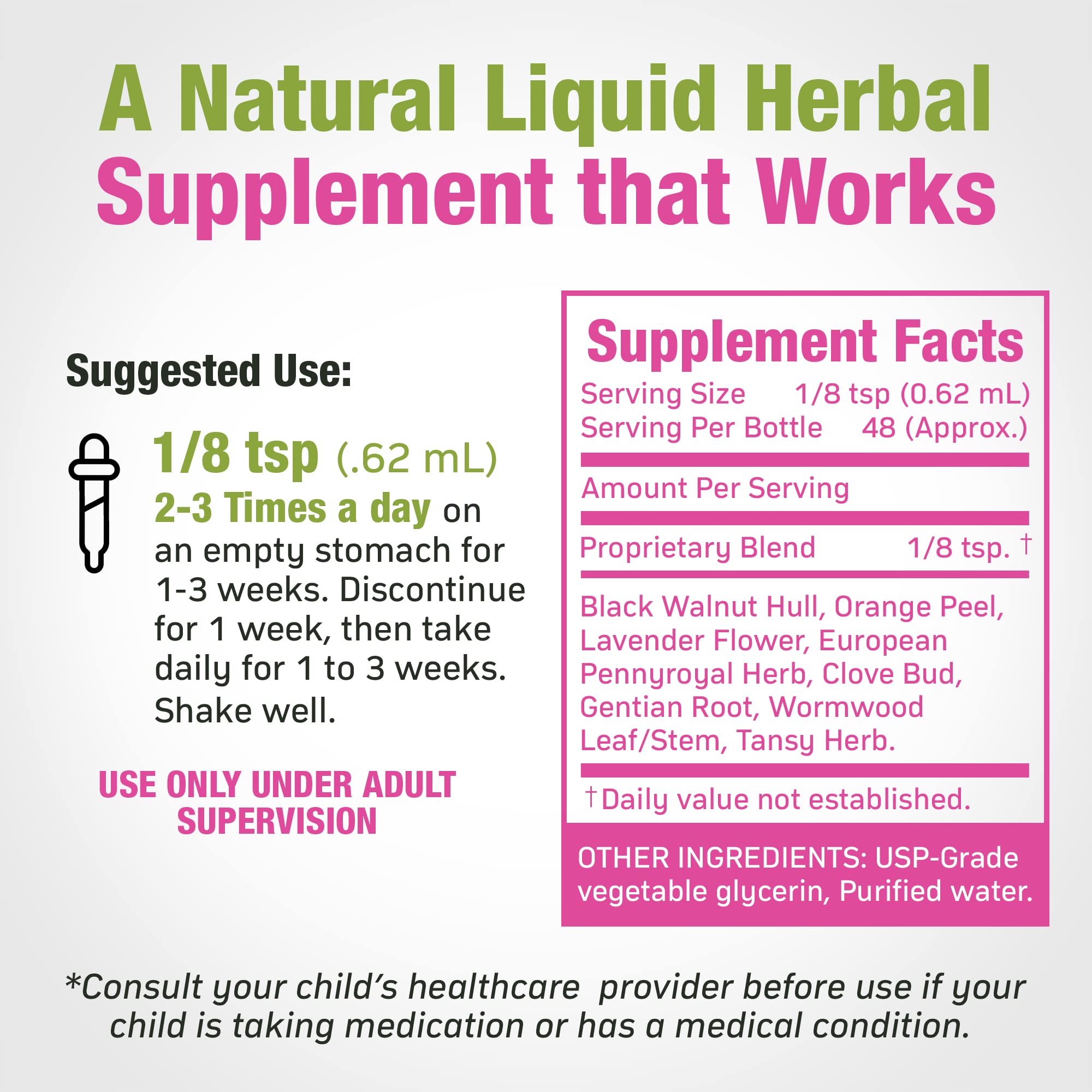 Clear dosage guide on bottle for safe administration.