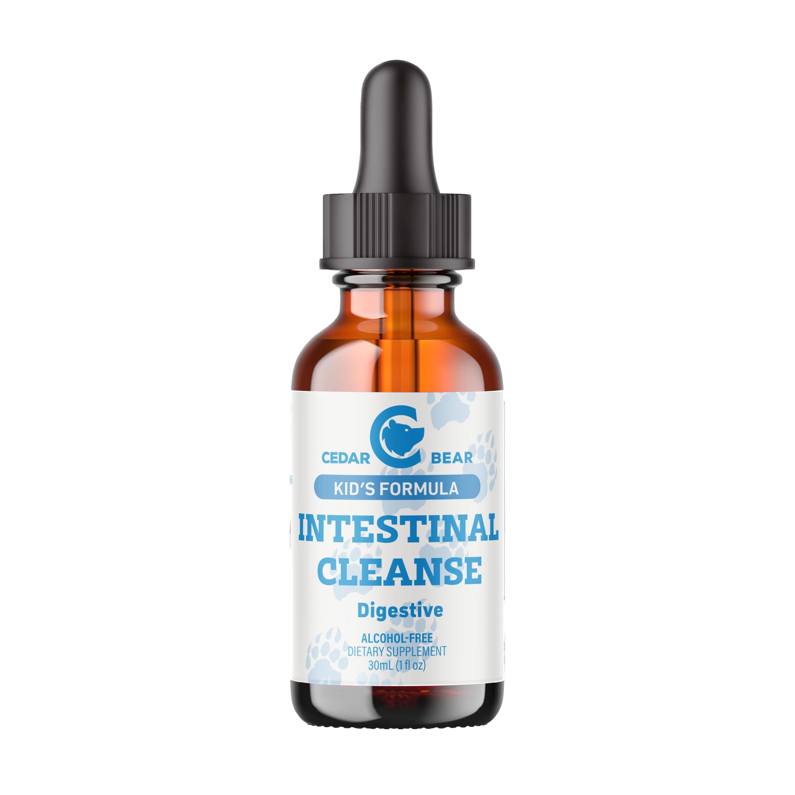 Cedar Bear Intestinal Cleanse for kids bottle front showing label and easy dosing.