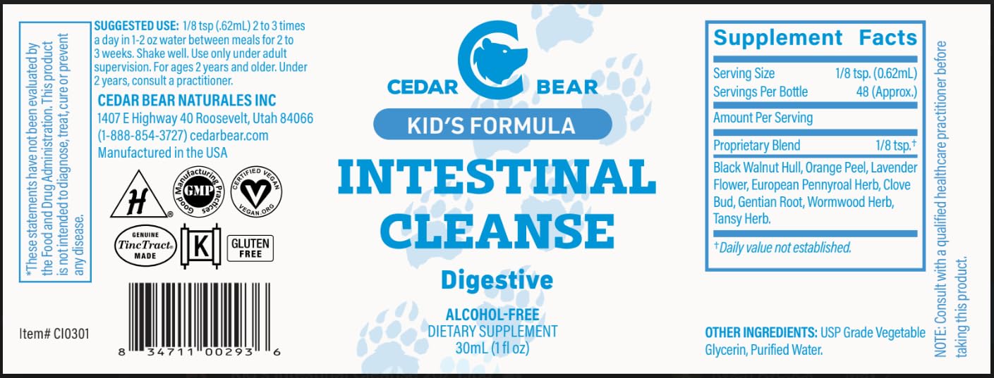 Cedar Bear herbal blend ingredients like black walnut and orange peel aid digestion.