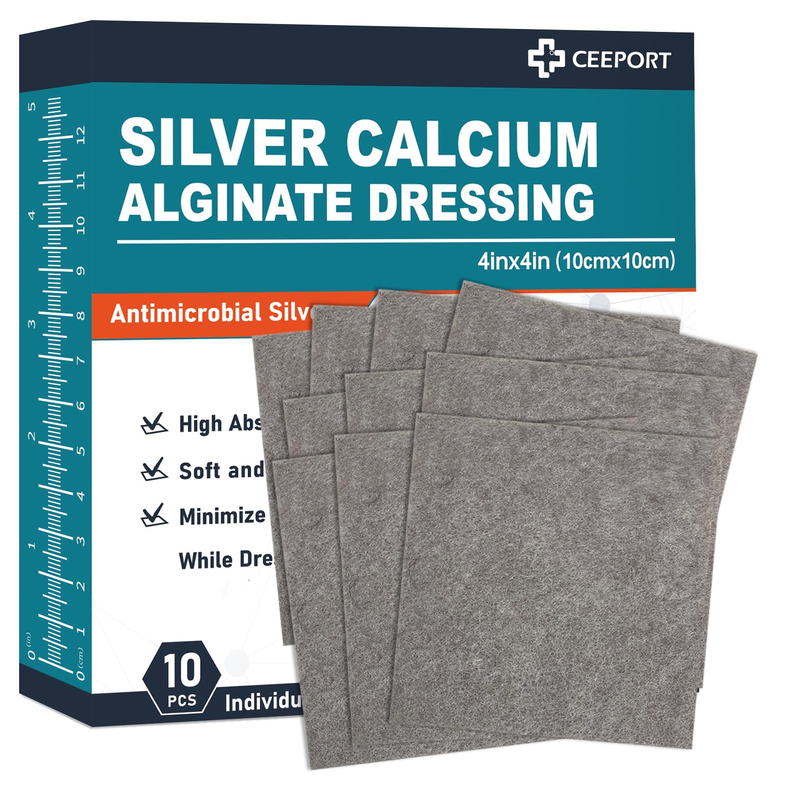Ceeport AG silver calcium alginate dressing 4x4 patch showing absorbent conforming wound pad.