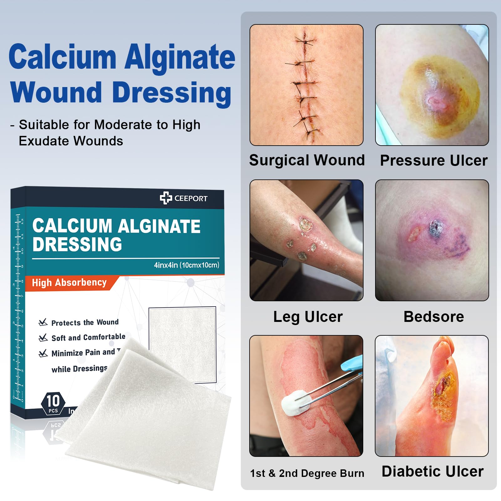 Ceeport calcium alginate wound dressing 4x4 being applied to a wound for tailored size