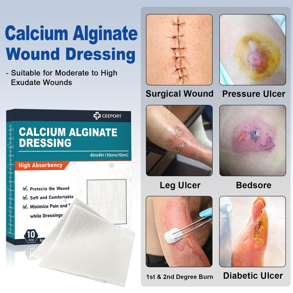 Ceeport calcium alginate wound dressing 4x4 being applied to a wound for tailored size