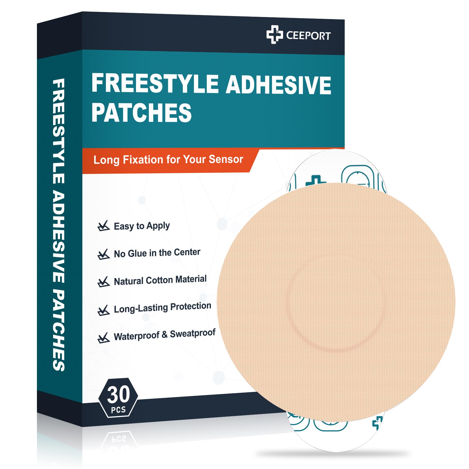 Ceeport Freestyle patches pack front view showing a complete 30-pack for CGM sensors
