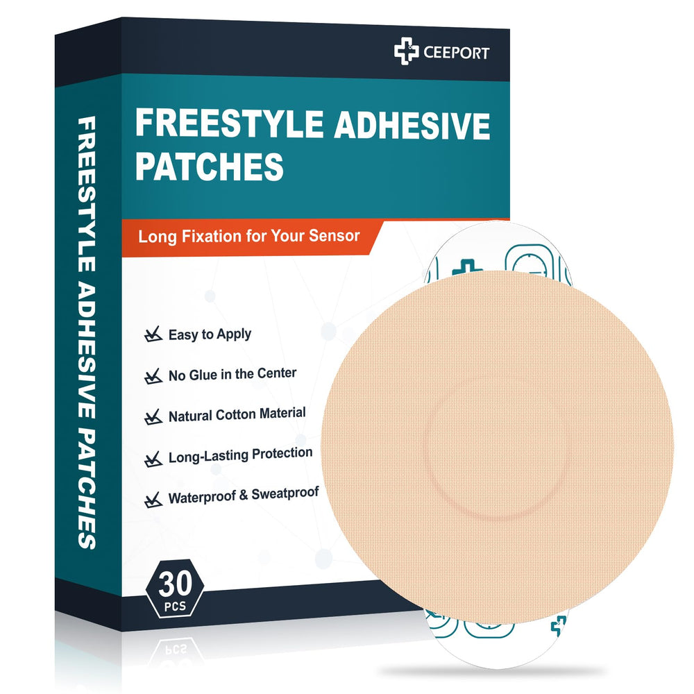 Ceeport Freestyle patches pack front view showing a complete 30-pack for CGM sensors