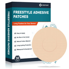 Ceeport Freestyle patches pack front view showing a complete 30-pack for CGM sensors