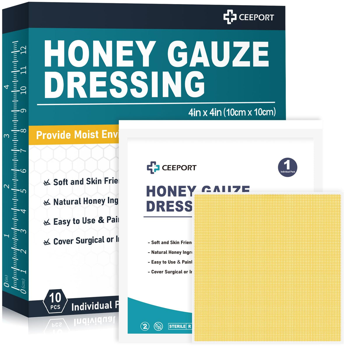 Ceeport Honey Gauze Dressing packaging shows ten individually wrapped patches.