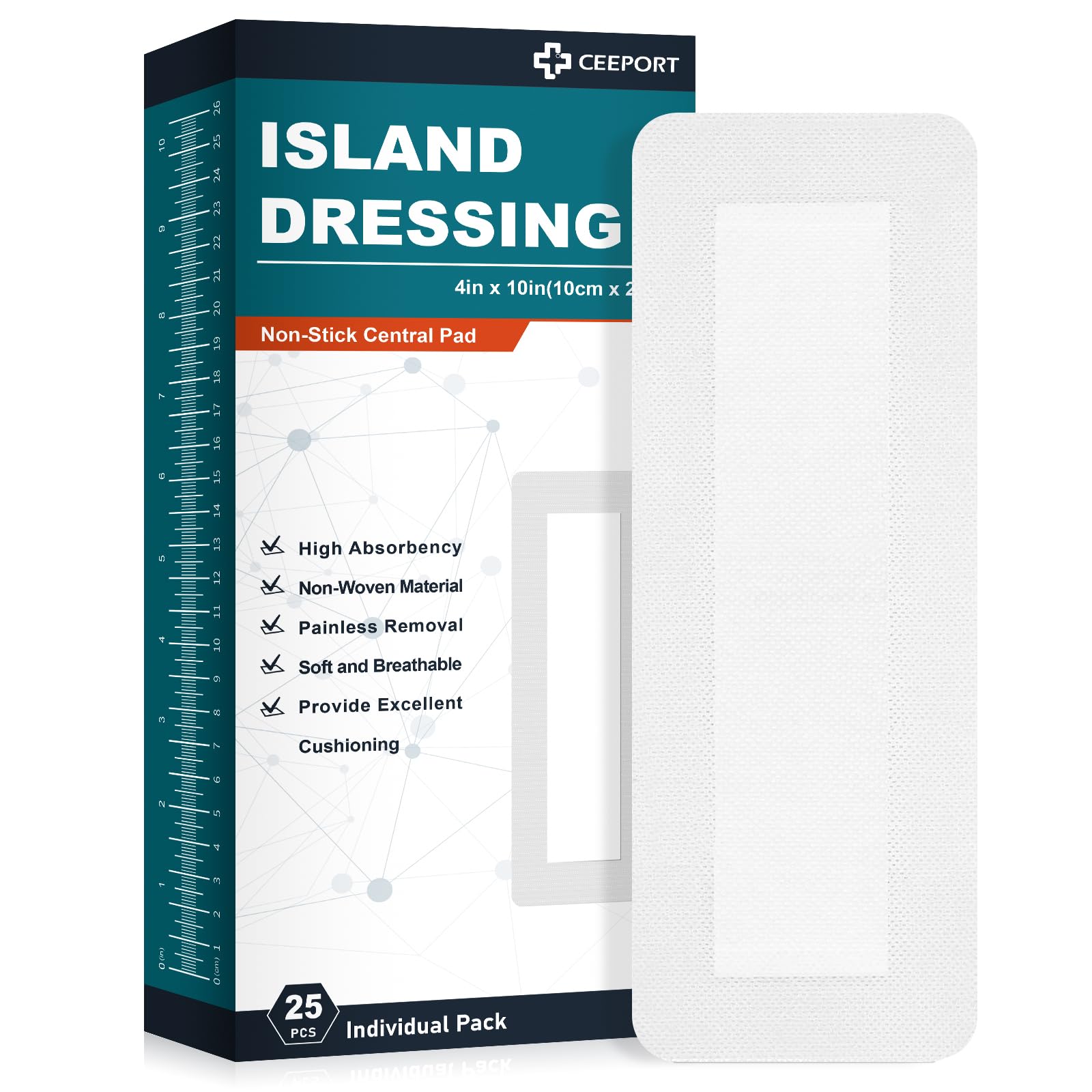 Ceeport Island Dressing border 4x10 with non-stick center pad for secure, comfortable wound care.
