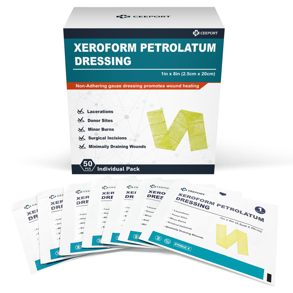 Ceeport Xeroform dressing 1x8 pack, sterile and easy to use for wounds.