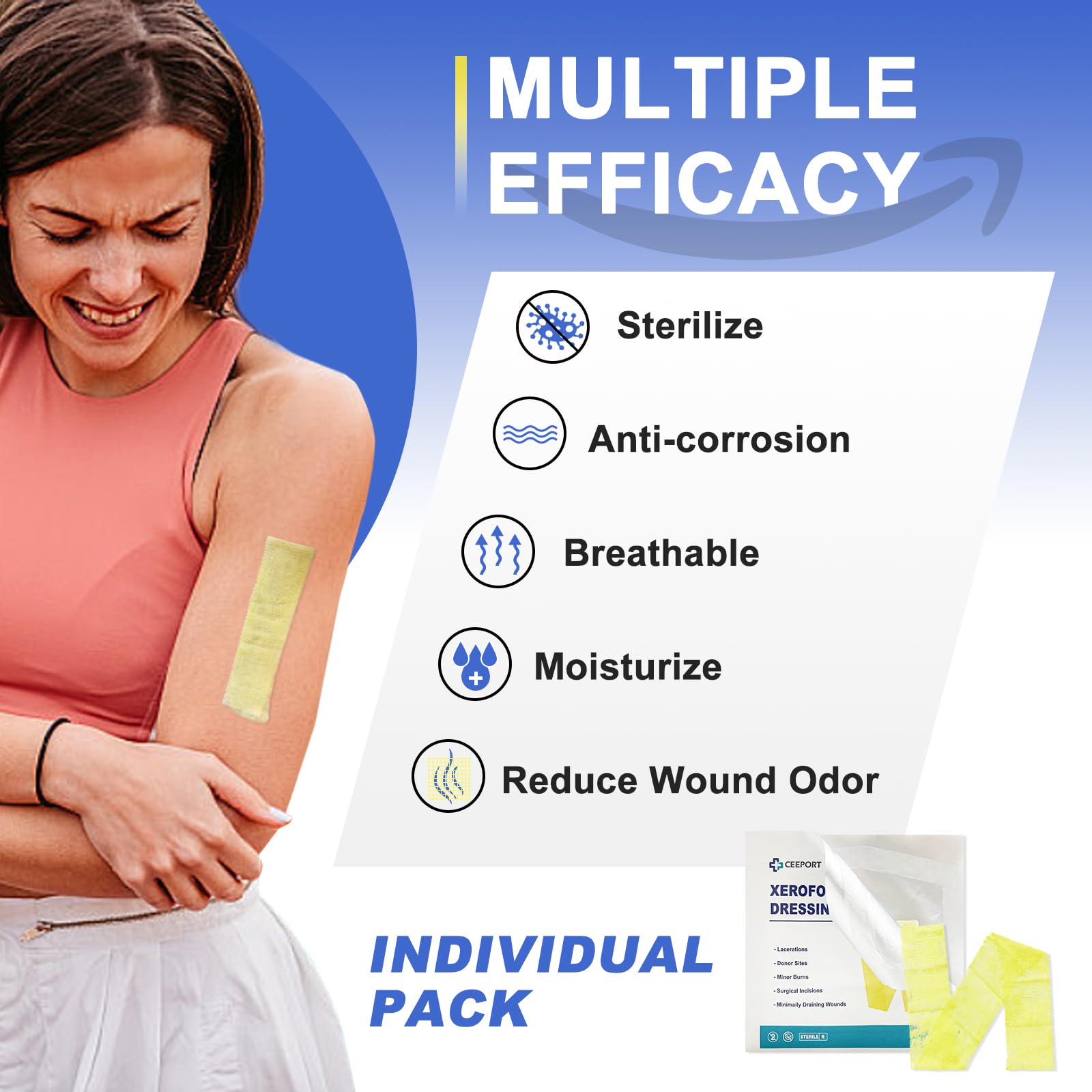 Ceeport Xeroform gauze strip, non-adherent and pain-reducing during dressing changes.