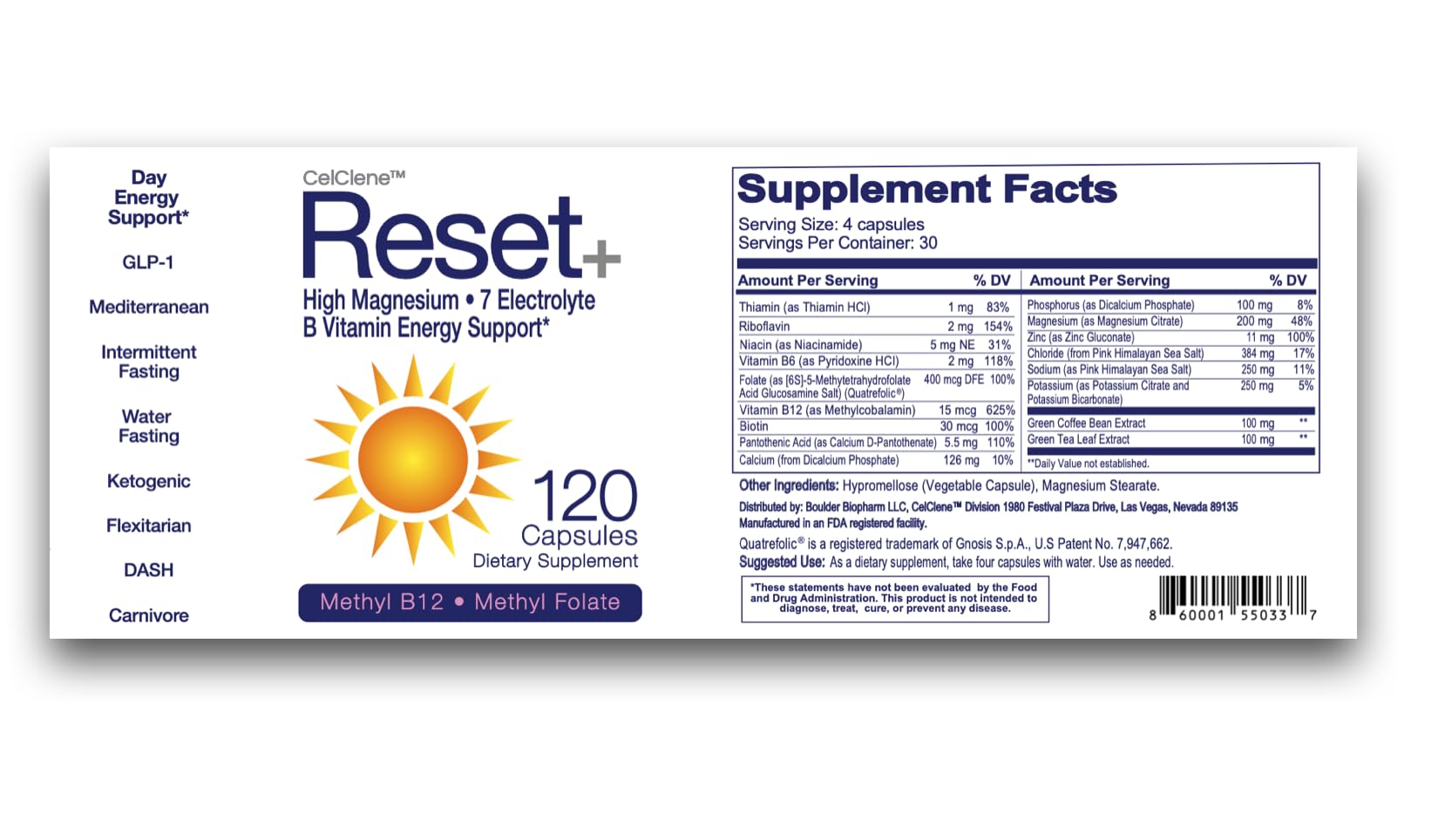 Ingredient labels on Reset+ emphasize electrolytes and vitamins for energy.