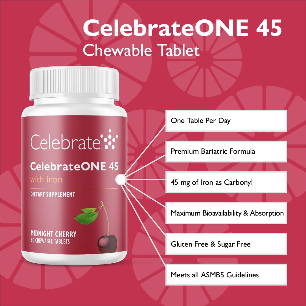 CelebrateONE 45 chewables tablets closeup highlighting iron-rich support for energy after surgery.