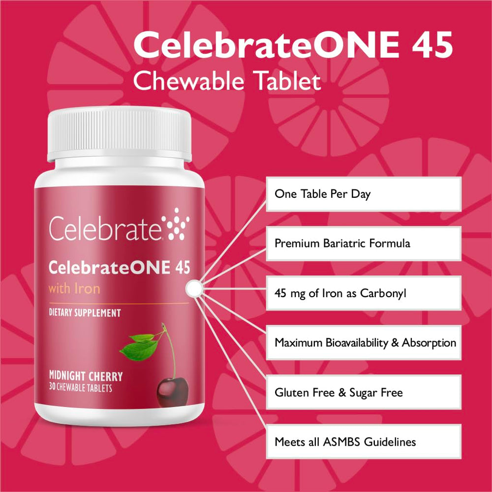 CelebrateONE 45 chewables tablets closeup highlighting iron-rich support for energy after surgery.