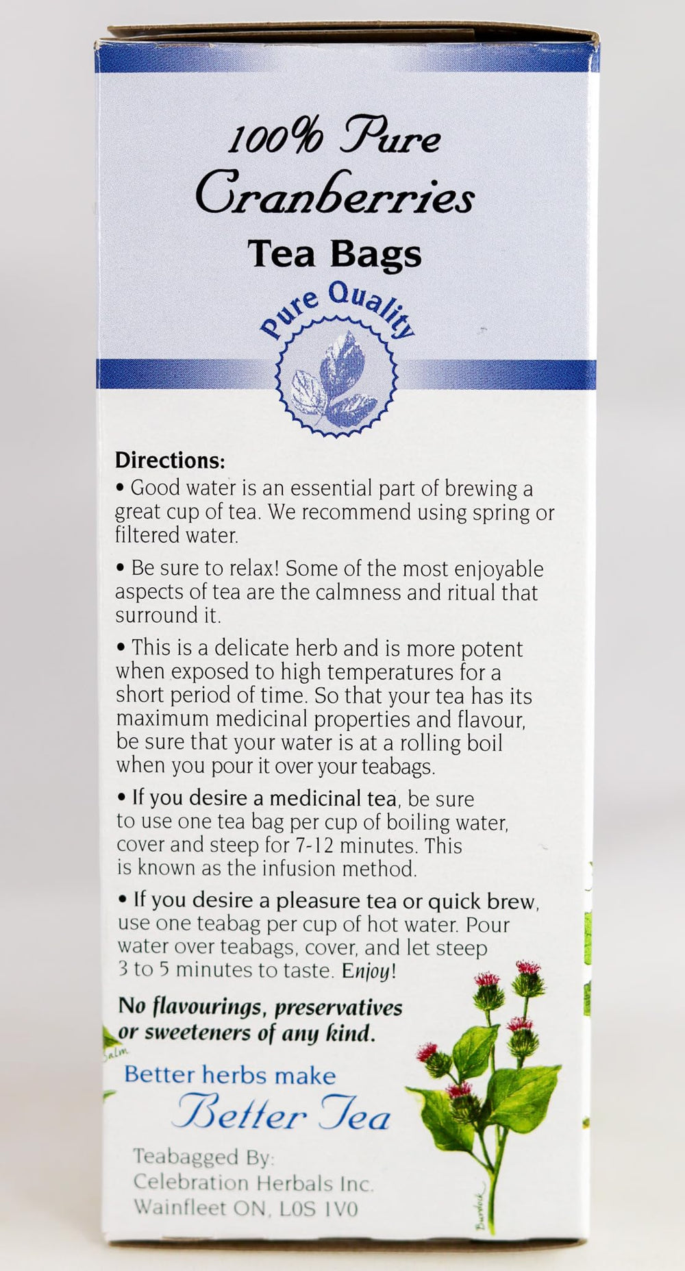 Celebration Herbals Cranberries Pure Quality 24 label close-up highlights ingredients and quality standards