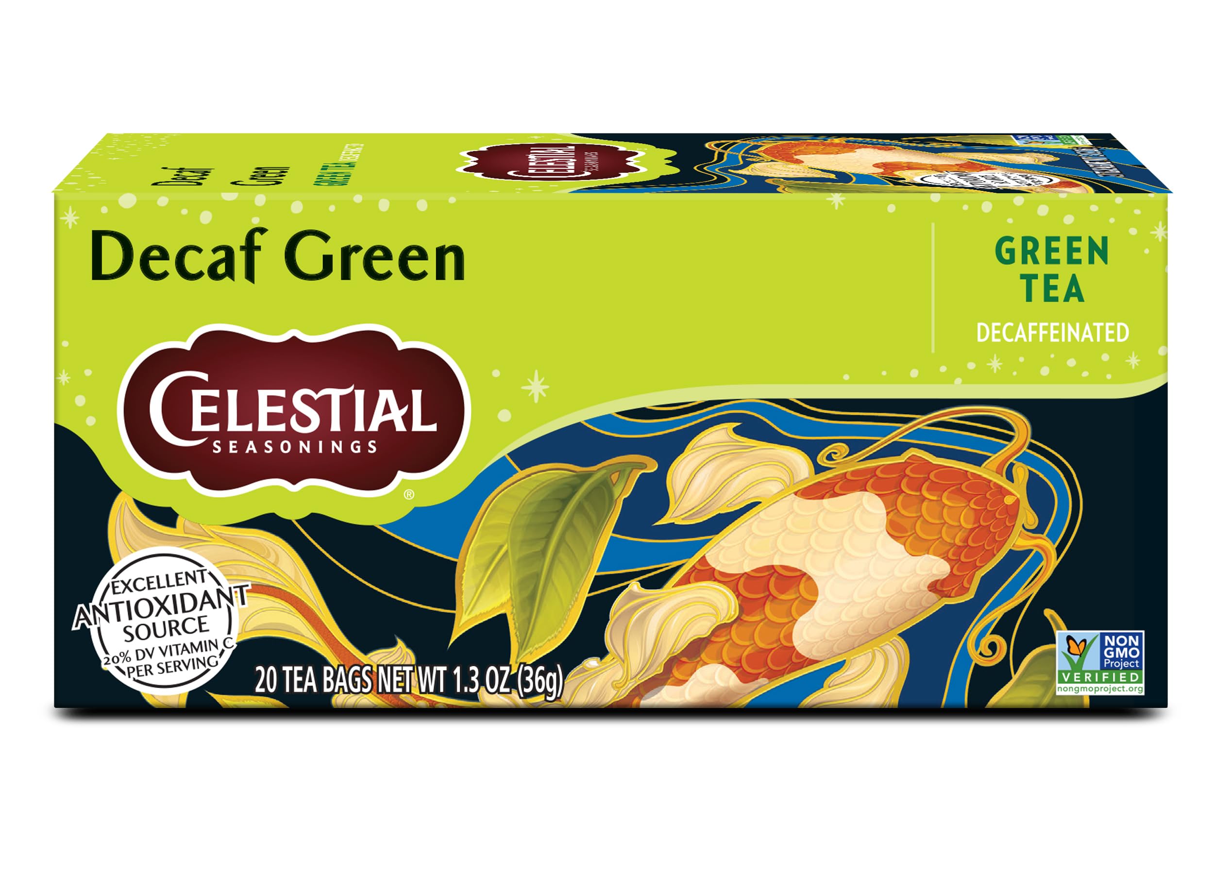 Celestial Seasonings Decaf Green Tea Bags, convenient caffeine-free option for any time.