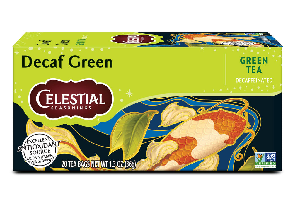 Celestial Seasonings Decaf Green Tea Bags, convenient caffeine-free option for any time.