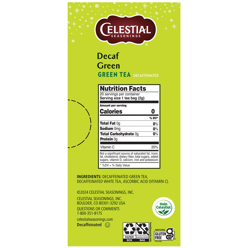 Celestial Seasonings Decaf Green Tea Brewed Cup, smooth and relaxing for evenings.