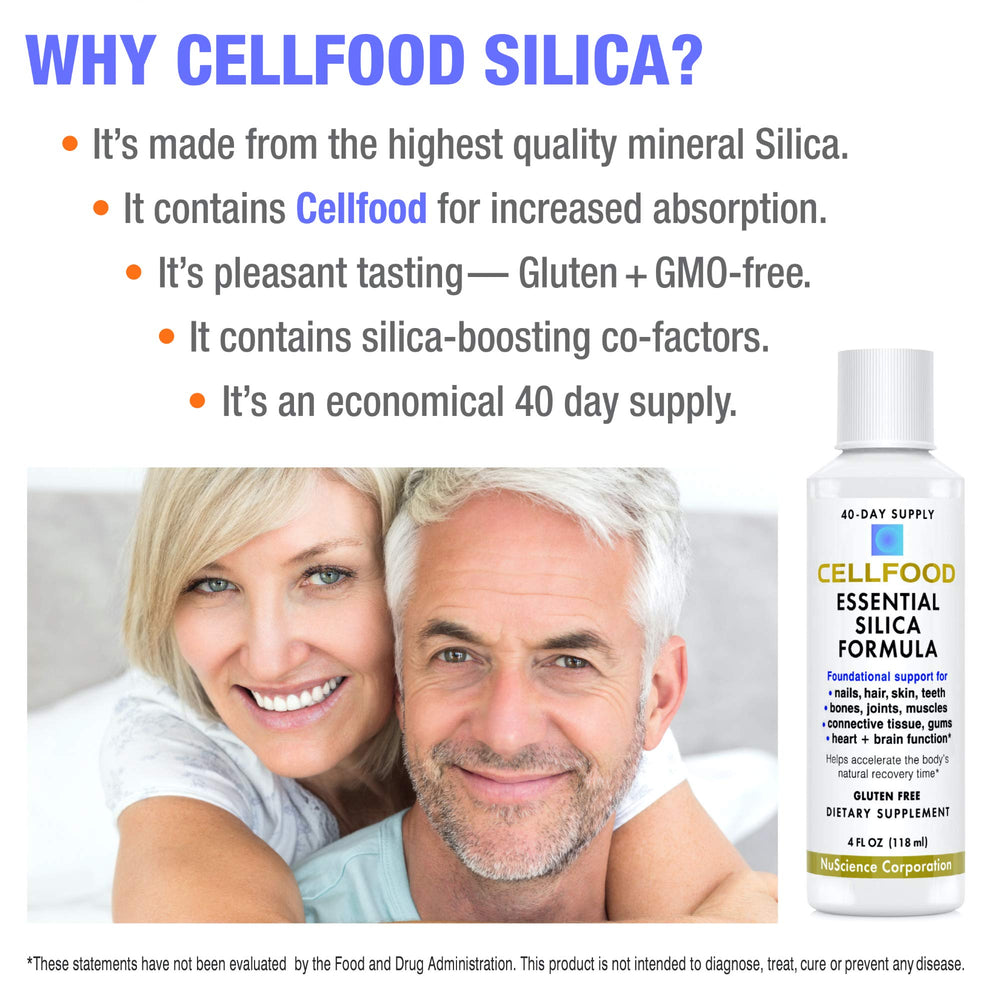 Cellfood Essential Silica ingredients panel showing trace minerals for bioavailability.