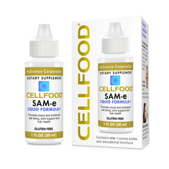 Cellfood SAM-e Liquid Formula+ bottle being poured for easy dosing and absorption.