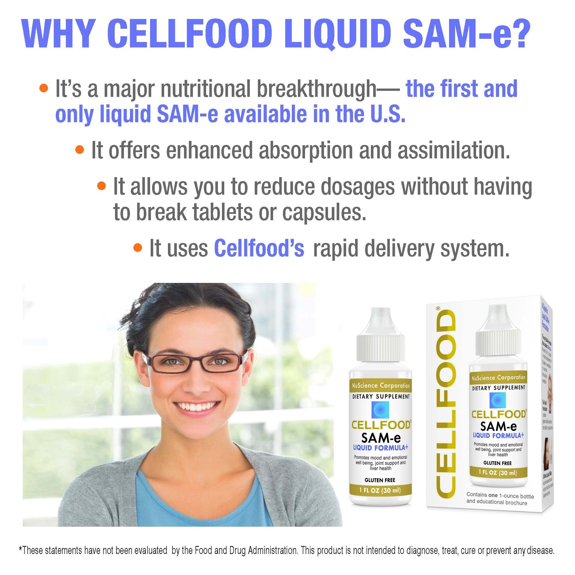 Cellfood SAM-e Liquid Formula+ dropper in use for daily intake.