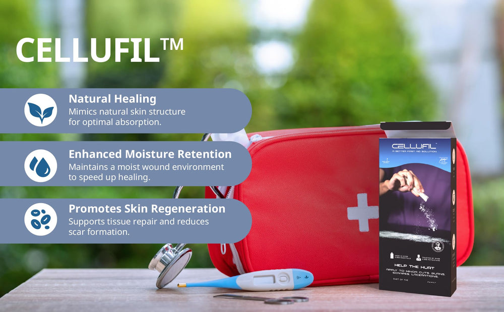 Celluheal adhesive bandage cover visual demonstrates secure, simple wound protection.