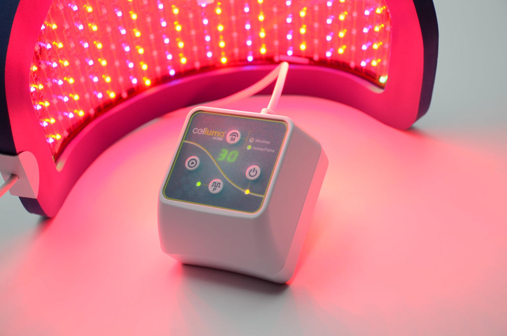 Celluma Home LED panel in wrinkle mode for facial treatment benefits