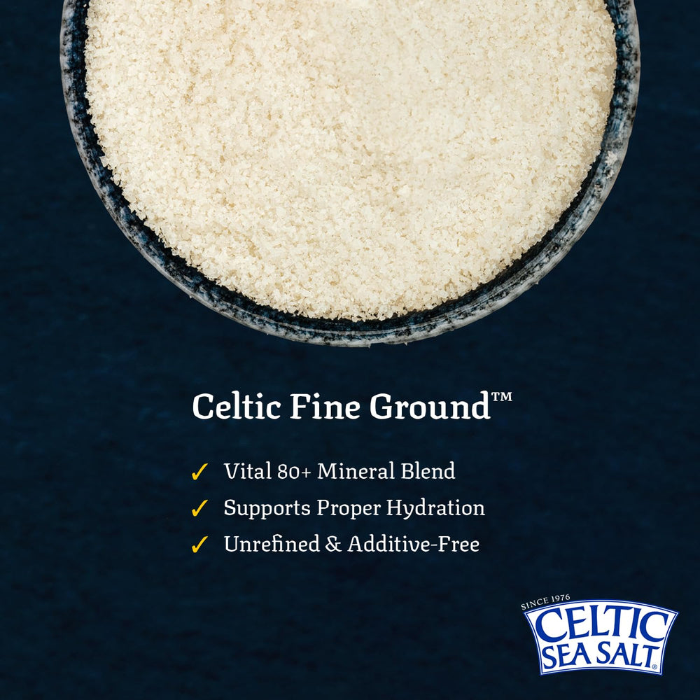 Celtic Sea Salt grinder-ready feature enables easy seasoning at table.