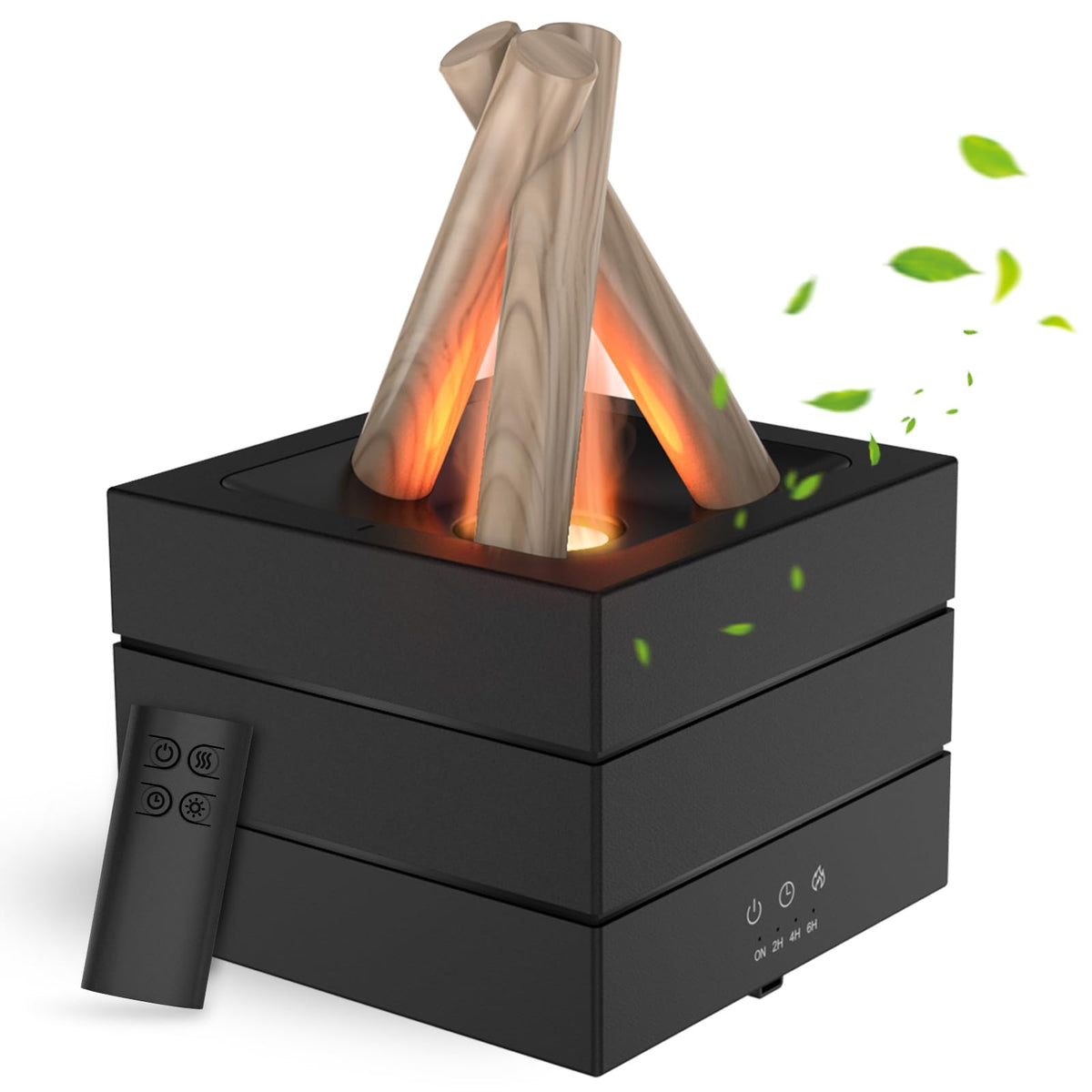Cemobene diffuser with campfire light creates a warm living room ambience.