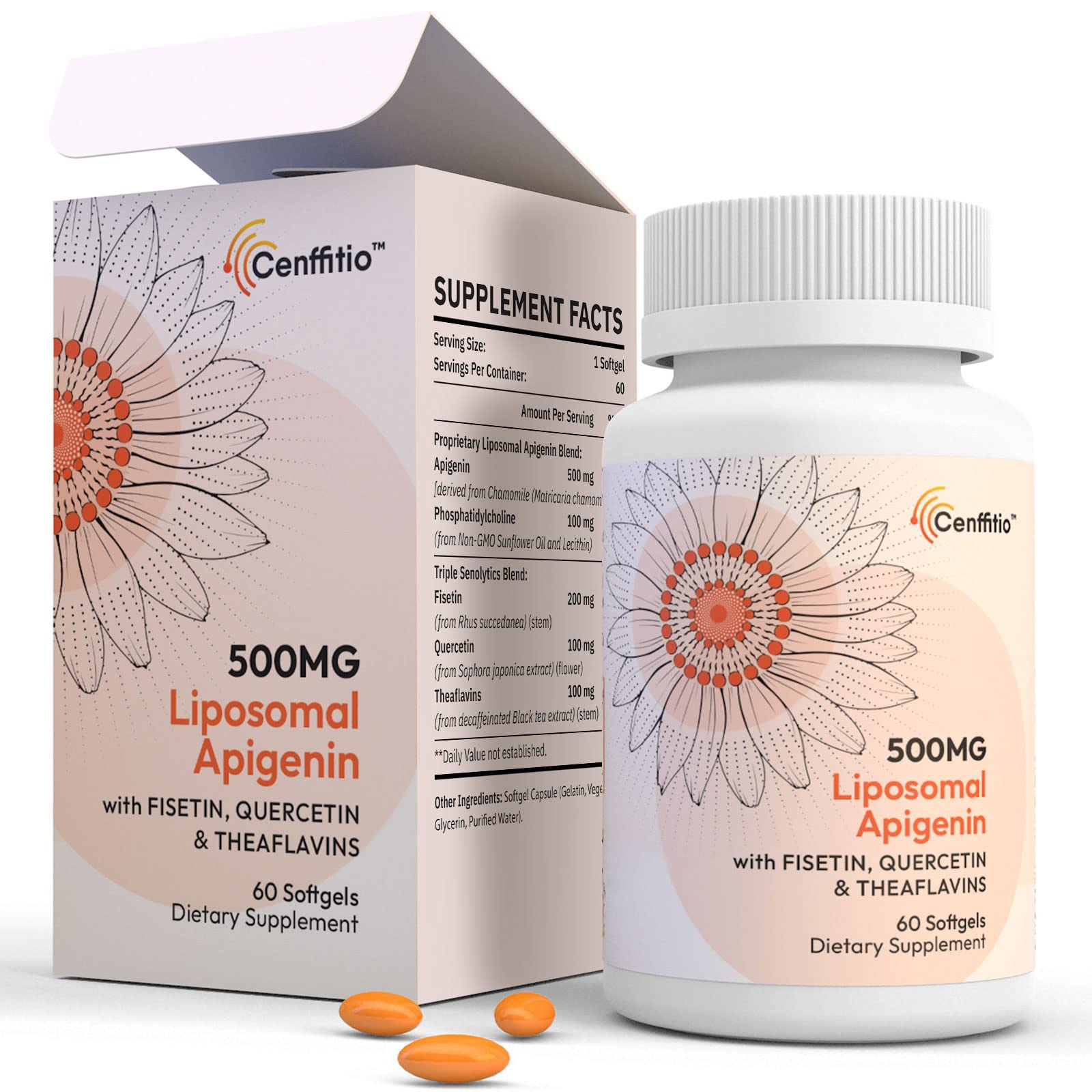 Cenffitio liposomal apigenin bottle front, compact softgels for daily use.