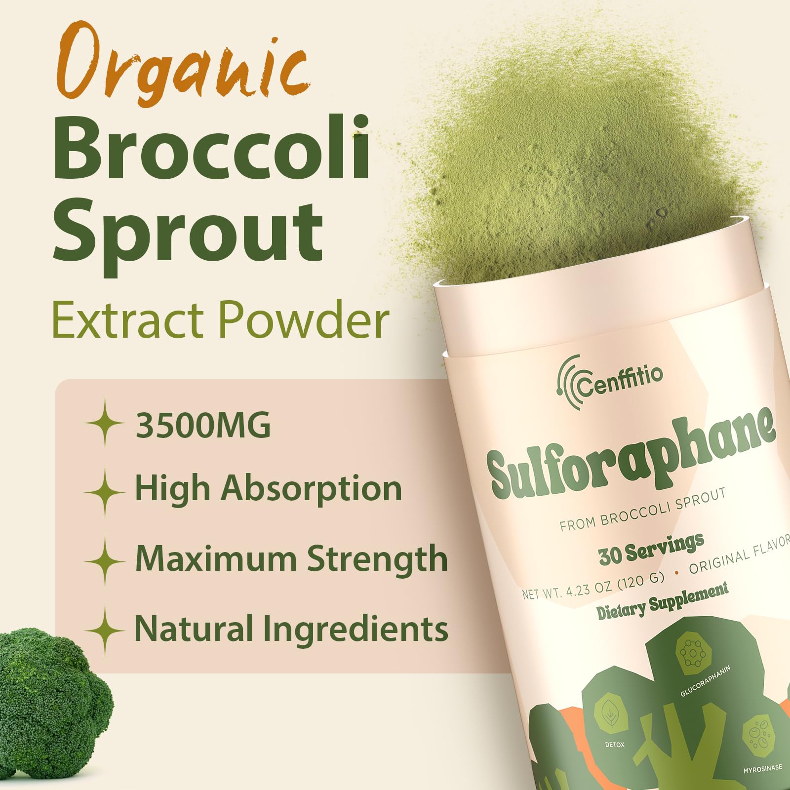 Cenffitio Sulforaphane label detail showcasing clean, simple formula