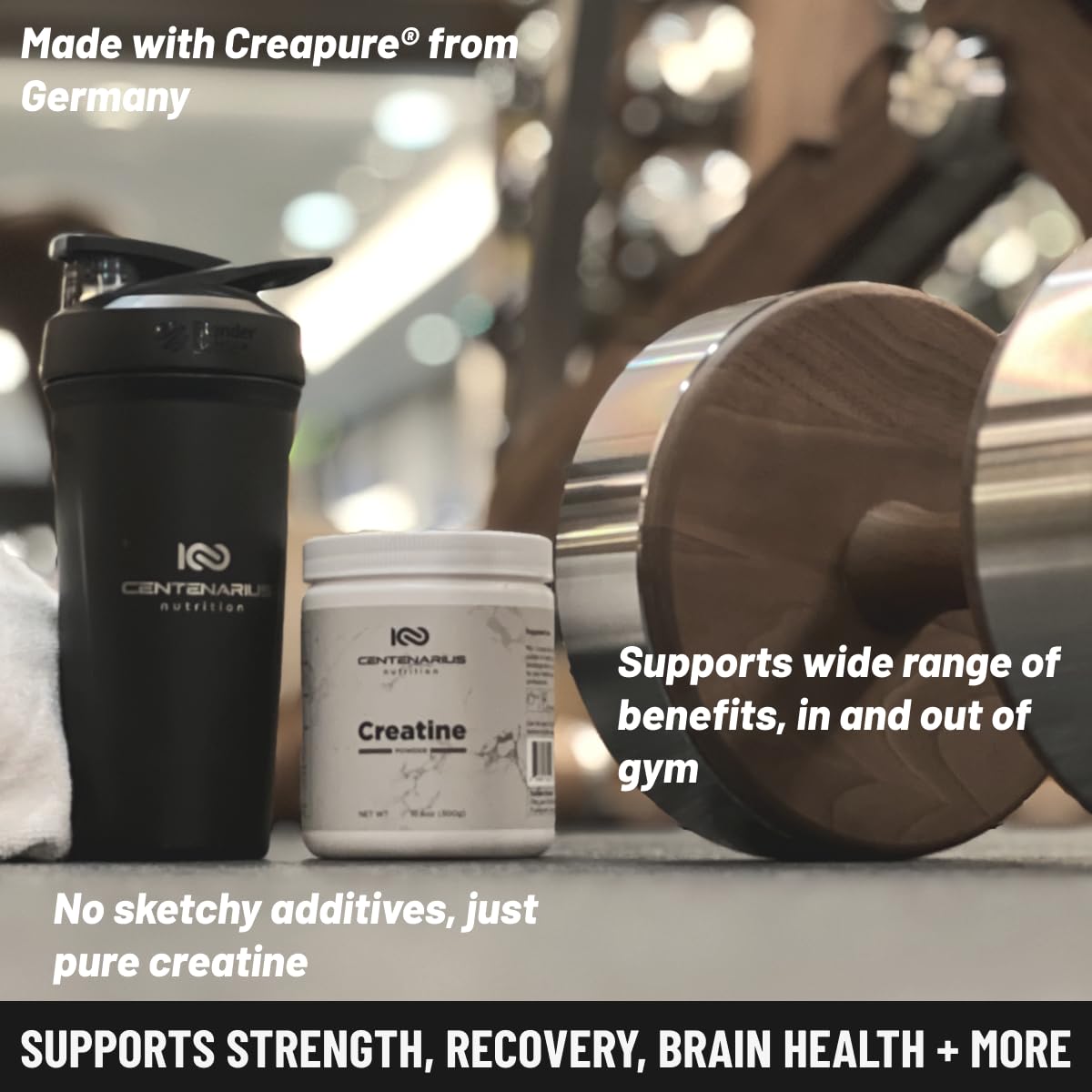 Centenarius Nutrition Creapure Creatine Monohydrate in workout scene, highlighting endurance and strength potential.
