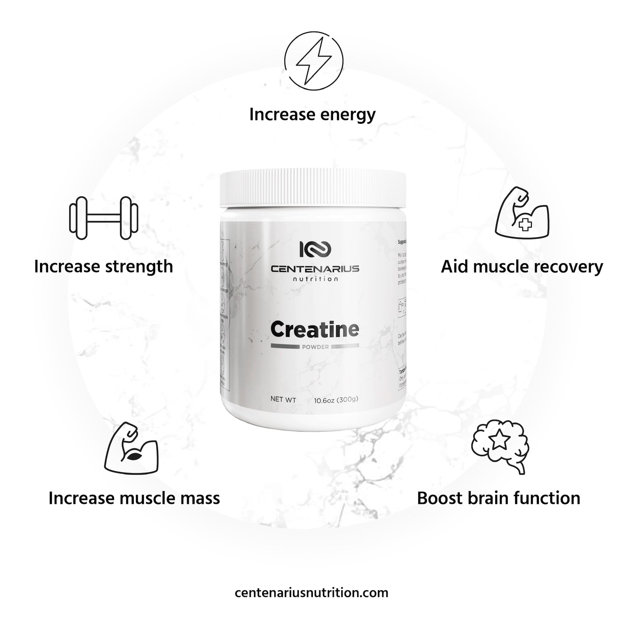 Centenarius Nutrition Creapure Creatine Monohydrate powder container, optimized for fast absorption during workouts.