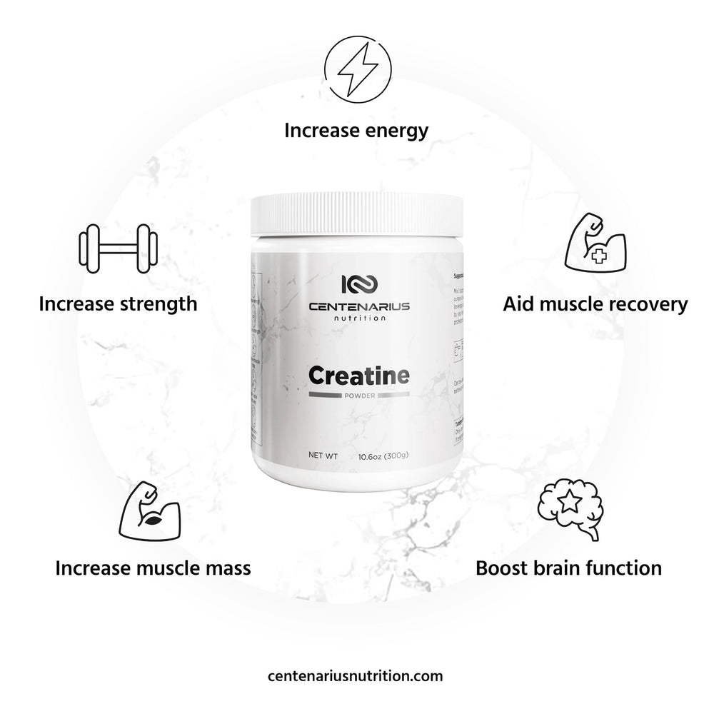Centenarius Nutrition Creapure Creatine Monohydrate powder container, optimized for fast absorption during workouts.