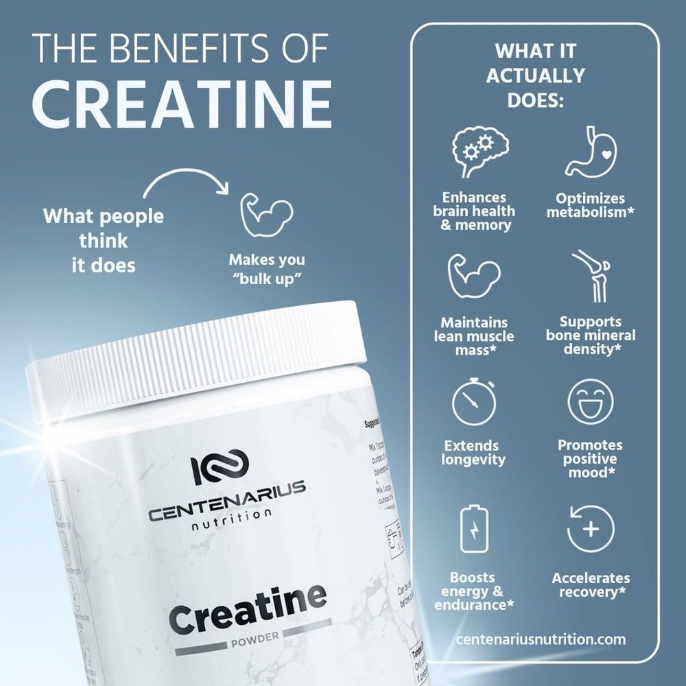 Centenarius Nutrition Creapure Creatine Monohydrate unflavored powder, versatile for many fitness goals.