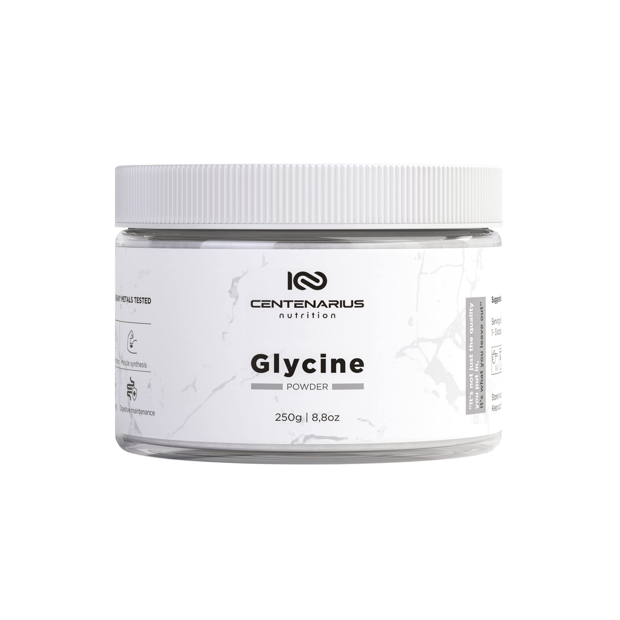 Centenarius Nutrition Premium Glycine Powder 250g bottle shows clean packaging and post-workout recovery potential.