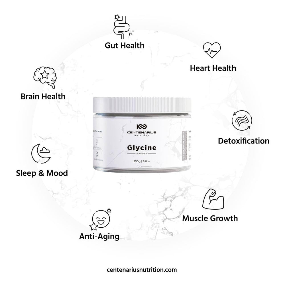 Centenarius Nutrition Premium Glycine Powder bottle close-up highlights vegan, additive-free formulation and third-party tested quality.
