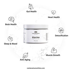 Centenarius Nutrition Premium Glycine Powder bottle close-up highlights vegan, additive-free formulation and third-party tested quality.