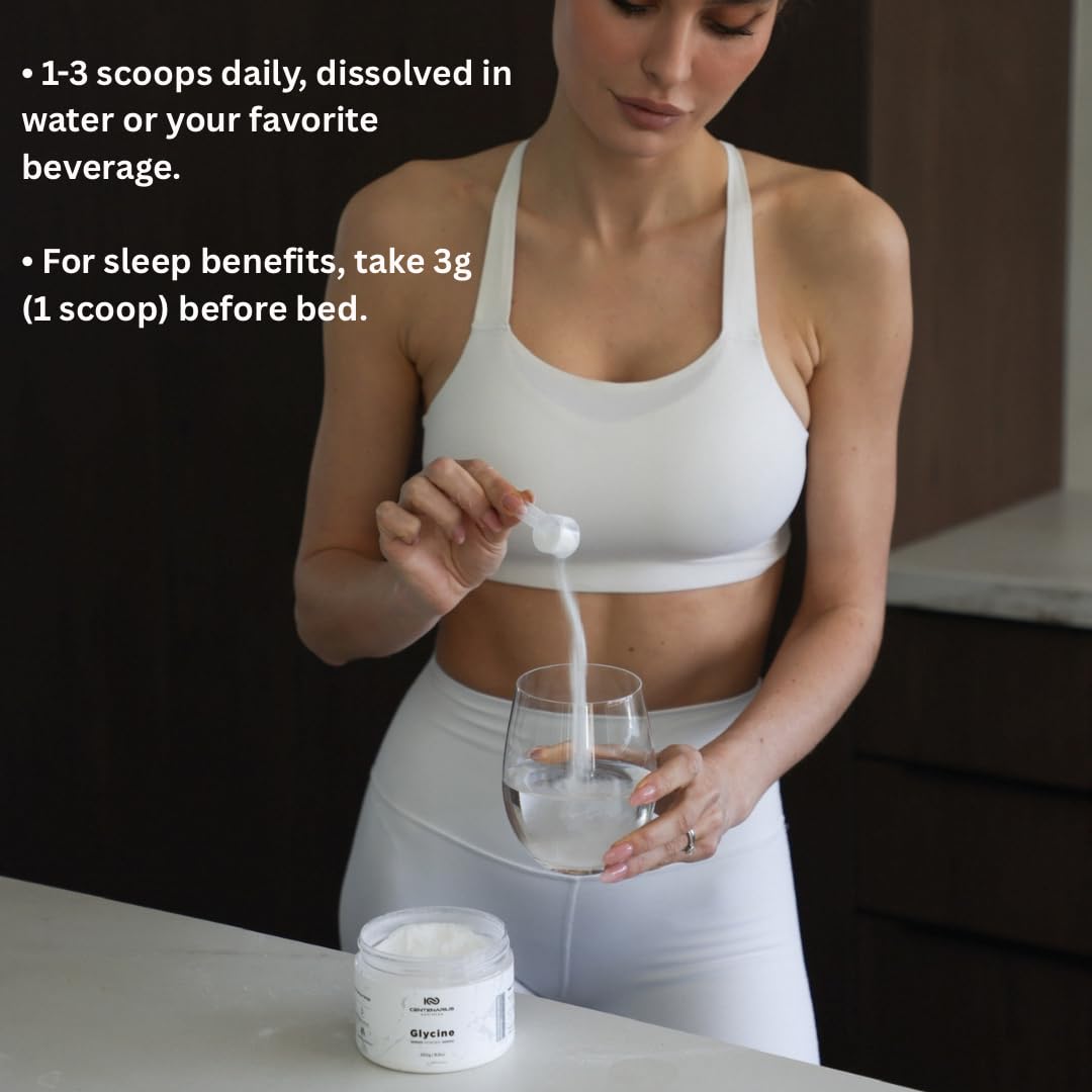 Centenarius Nutrition Premium Glycine Powder dissolving in water for quick daily digestion routine.