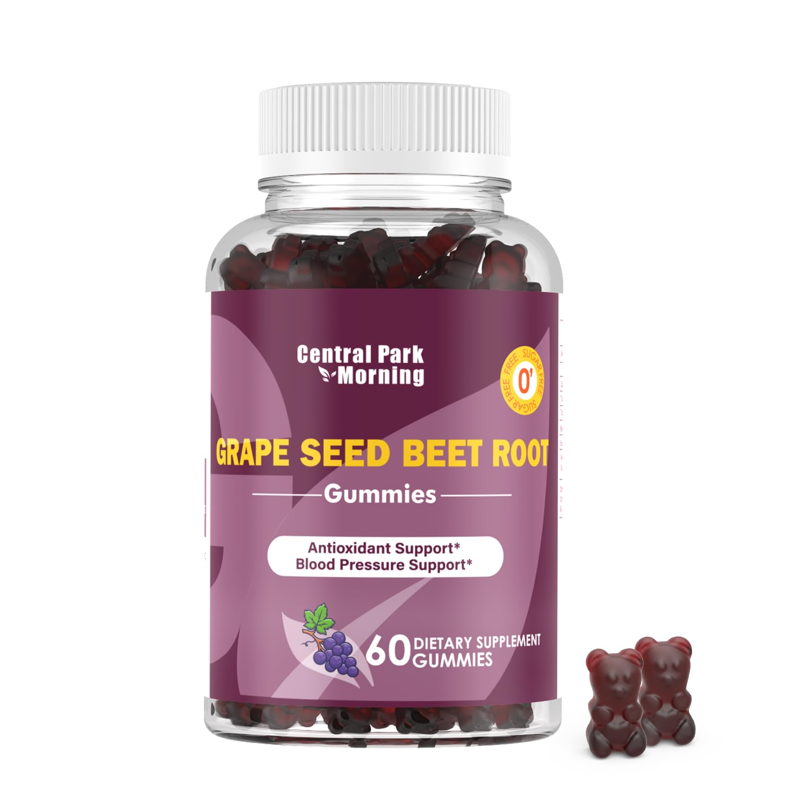 Central Park Morning gummies bottle with grape seed and beet ingredients for a convenient energy boost.