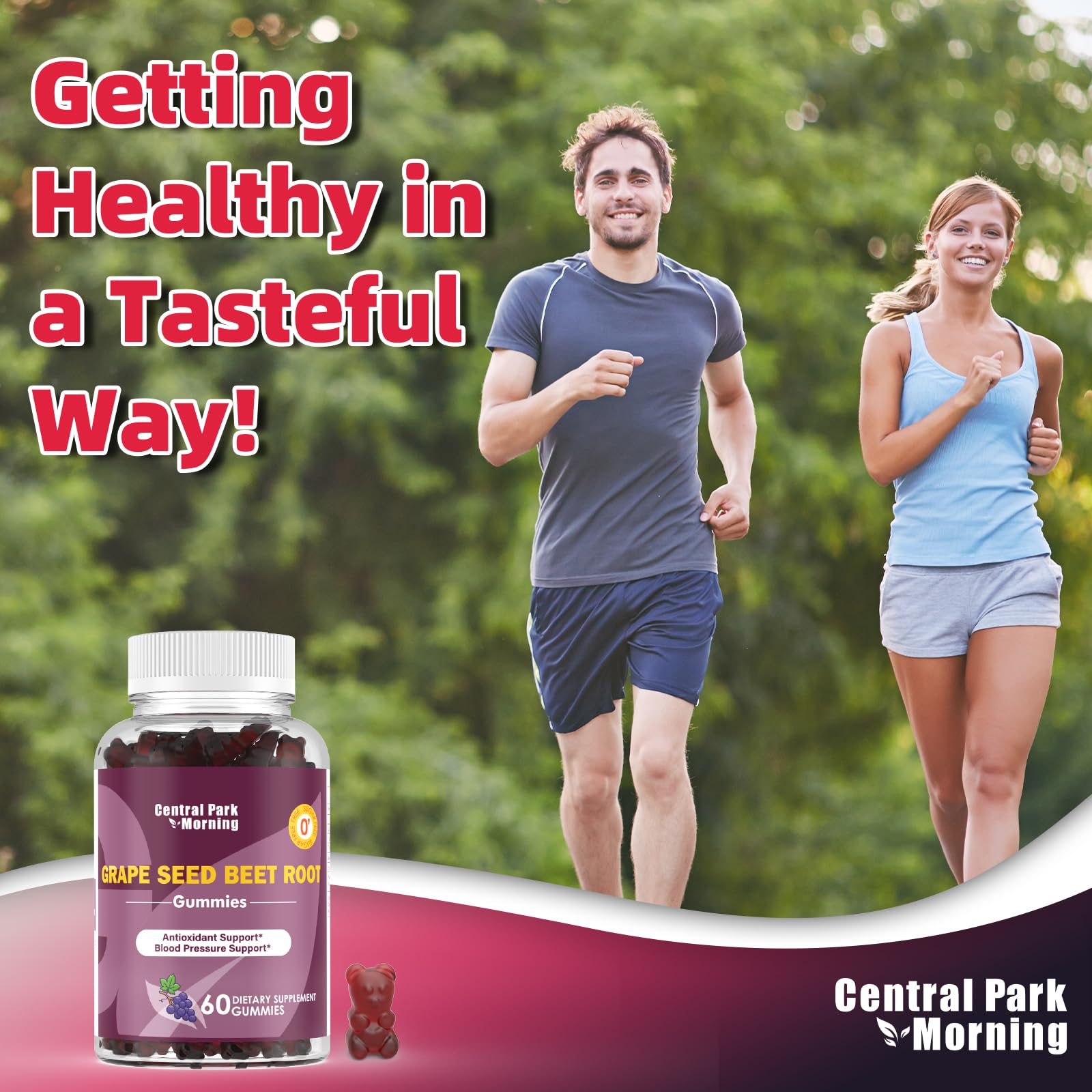 Central Park Morning gummies close-up reveals grape-beet blend for a tasty, healthier snack.