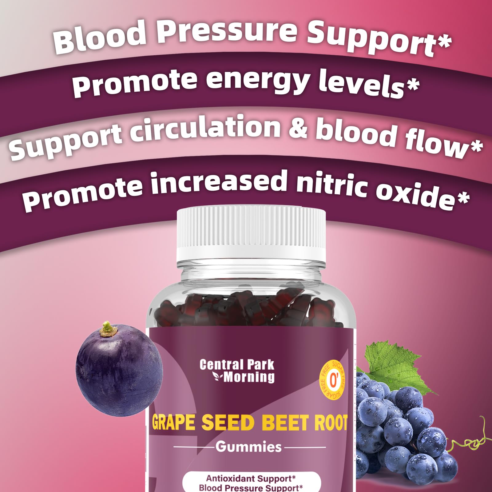 Central Park Morning gummies close-up highlighting grape flavor and vibrant beet notes.