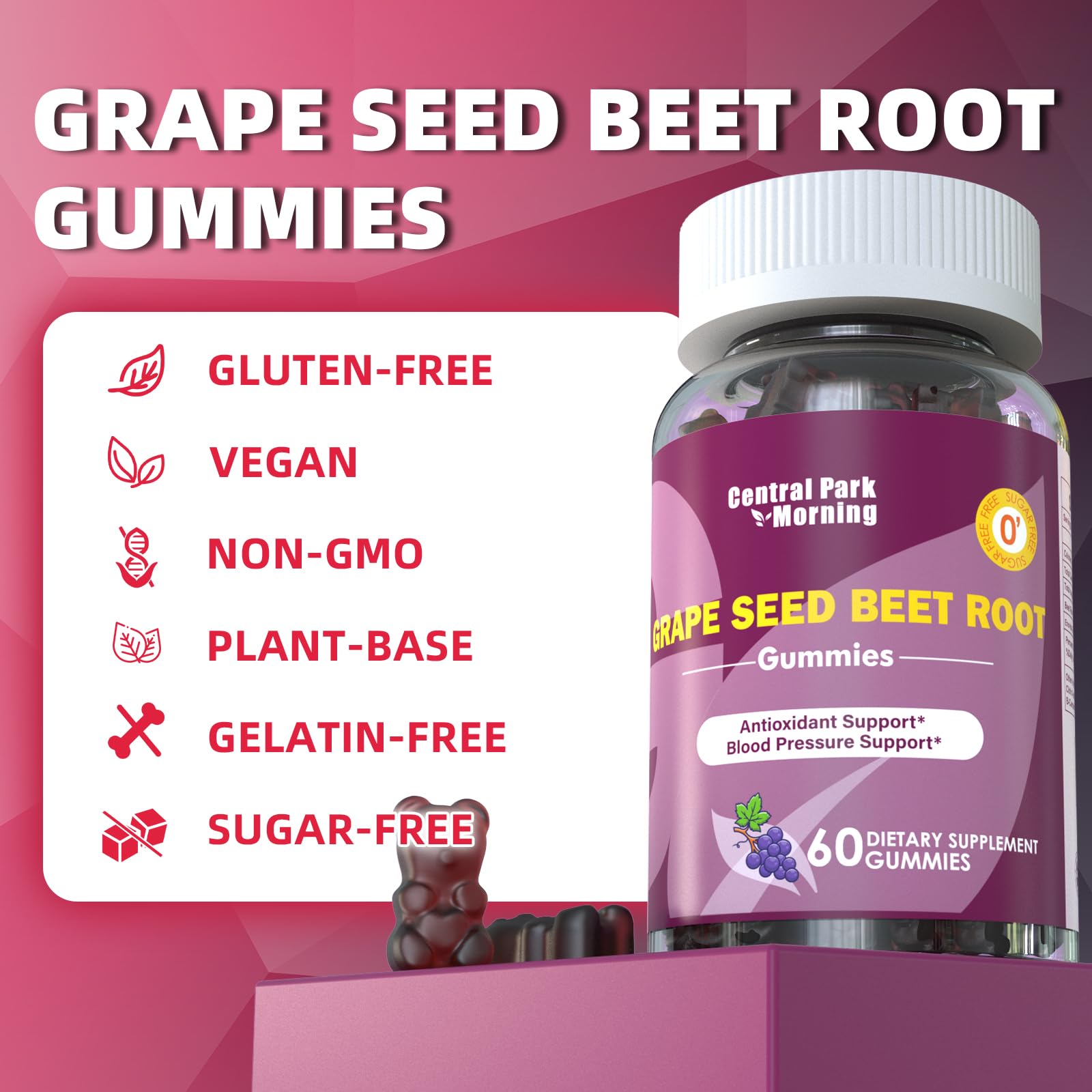 Central Park Morning ingredients label showcases non-GMO beet root and real fruit extracts.