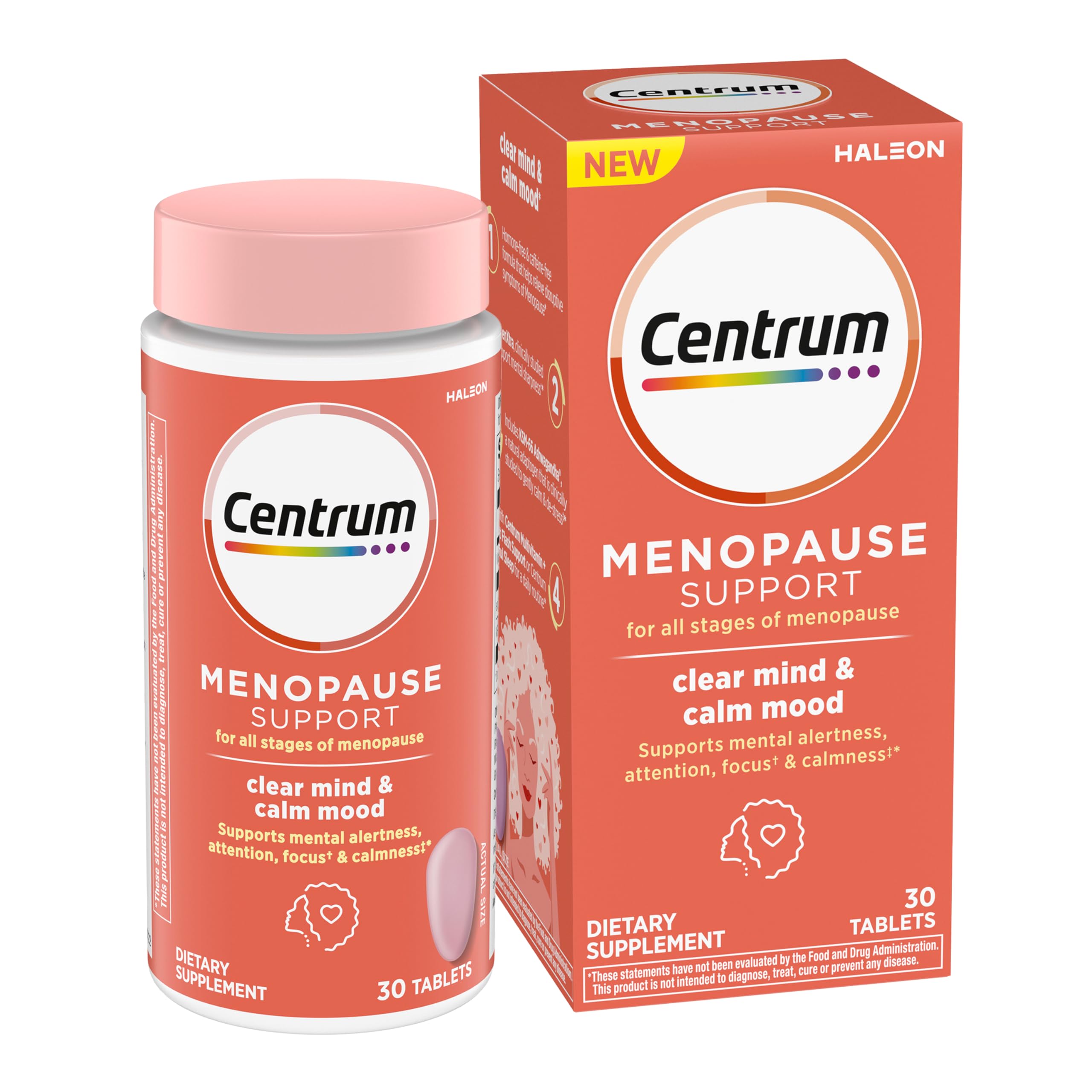 Centrum Clear Mind Calm Mood bottle shows easy daily menopause support