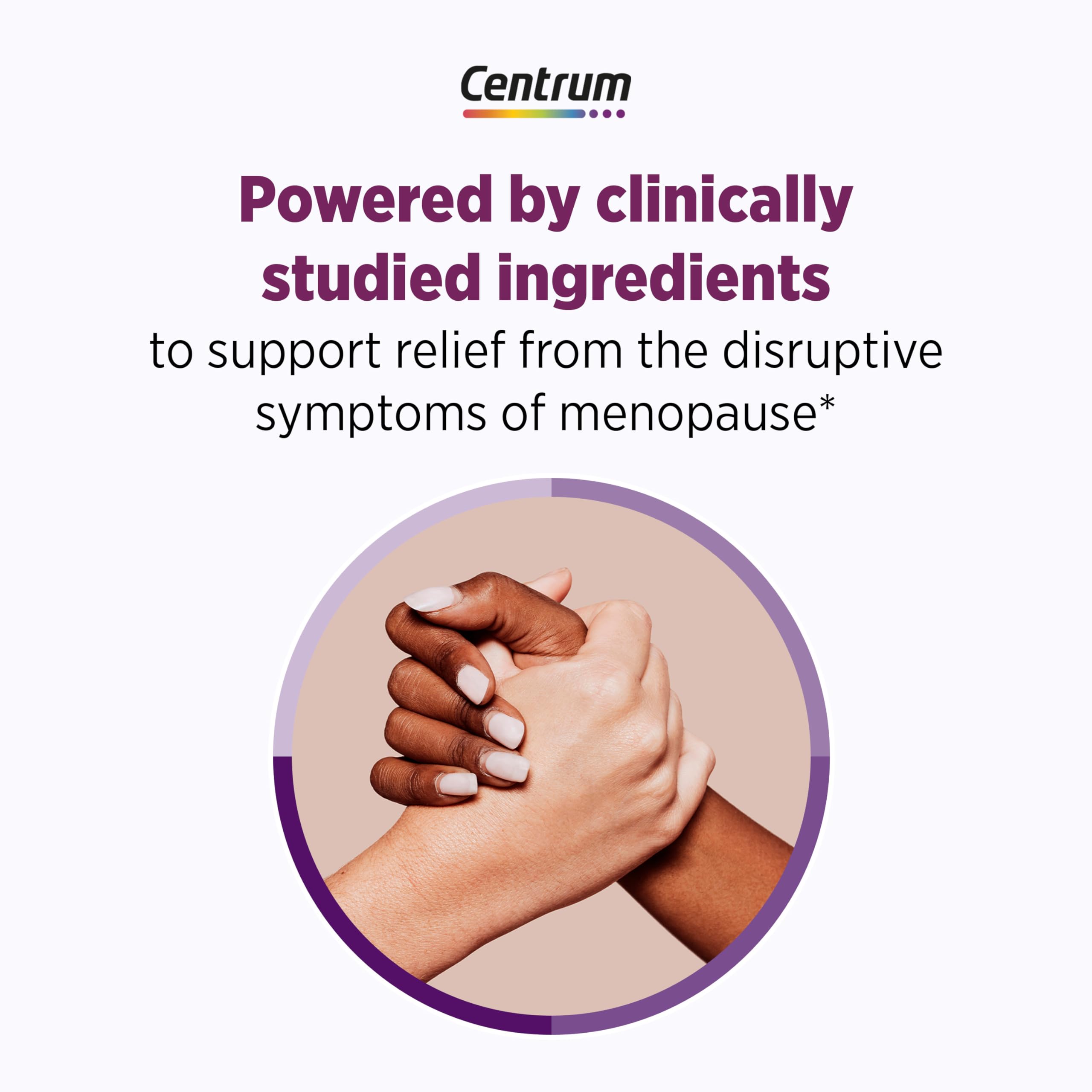 Centrum bottle close-up highlights two-in-one formula for menopause symptoms.