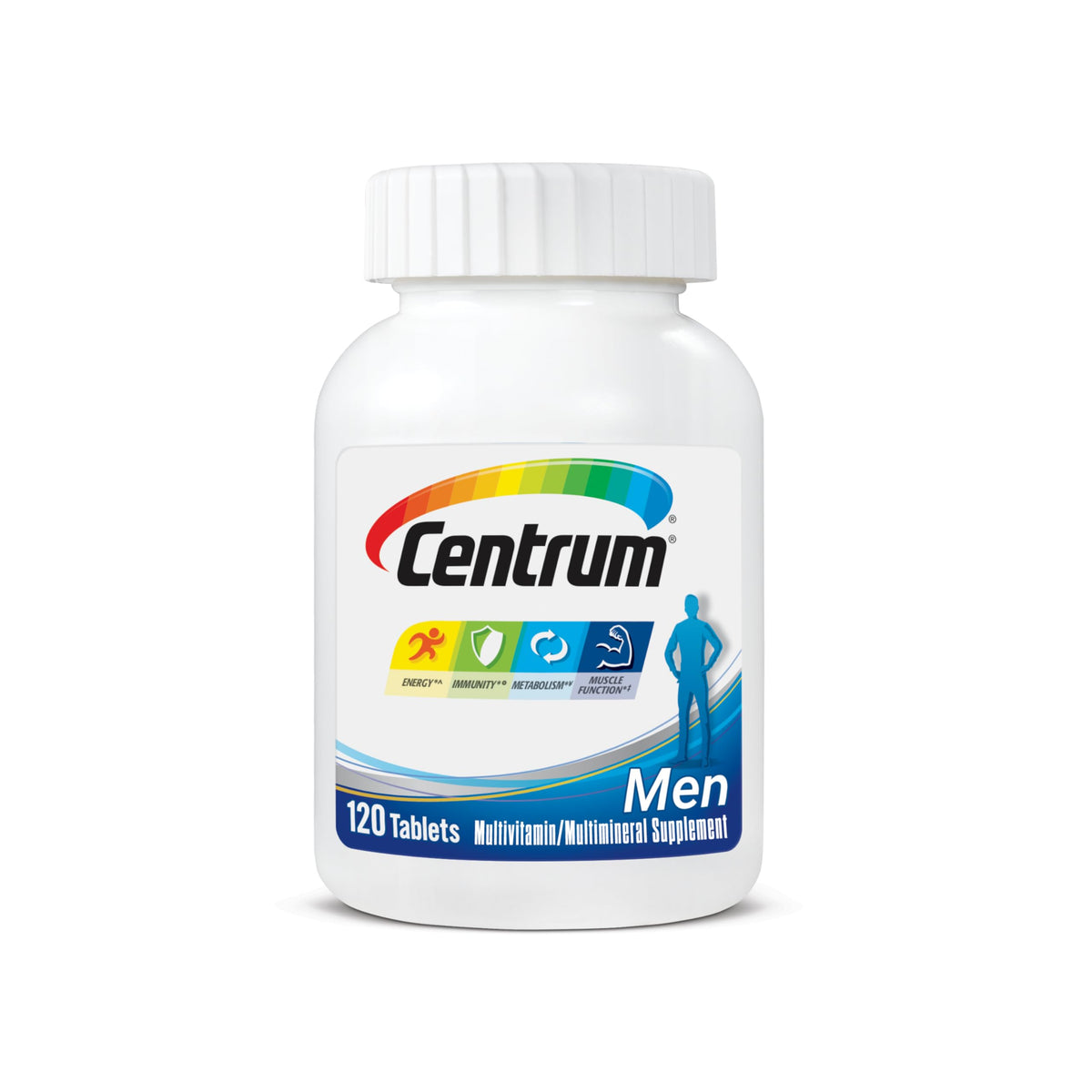 Centrum para hombres, botella de 120 cápsulas para uso diario y apoyo nutricional.